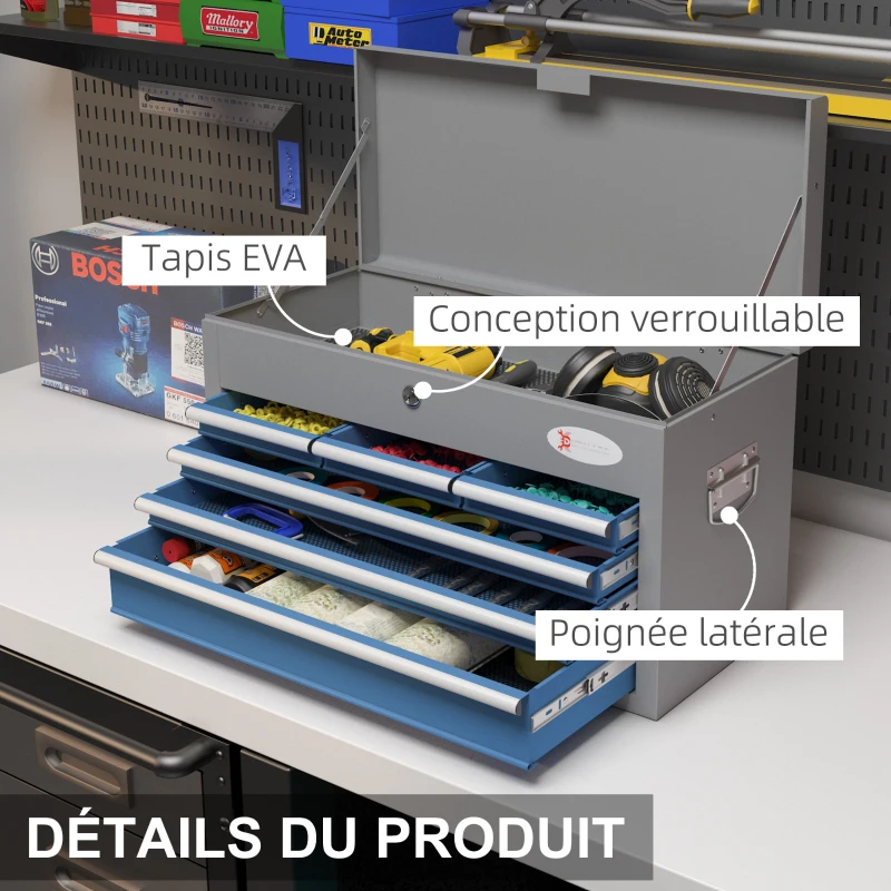 DURHAND Caisse boite à outils en métal avec 6 tiroirs et 1 plateau supérieur, verrouillable avec 2 clés fournies, 2 poignées