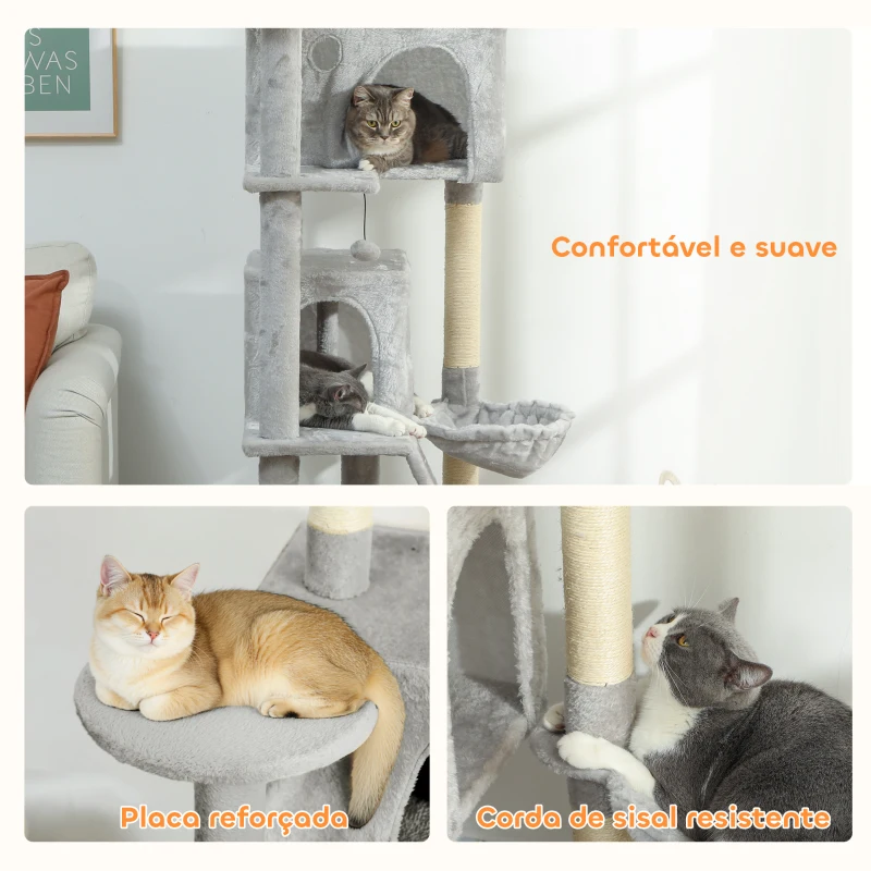 PawHut Arranhador para Gatos com Múltiplas Plataformas Cama 2 Cavernas Rede Escada Postes de Sisal 56x56x180 cm Cinza
