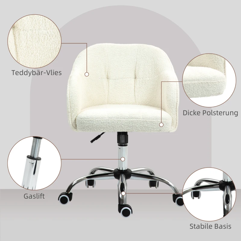 HOMCOM Homeoffice Stuhl, Ergonomisch Schreibtischstuhl mit Wippfunktion, Teddysamtoptik 56 x 61 x 86 cm Cremeweiß