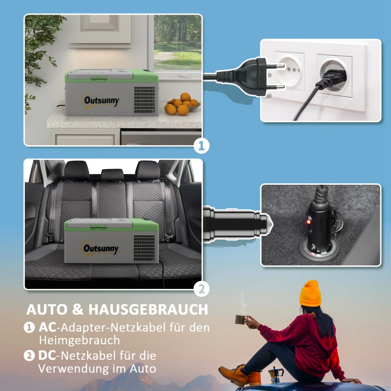 Outsunny Auto Koelkast, Koelbox, 16L, -20℃ tot 10℃, ECO/MAX, 60x32x26cm, Groen/Grijs