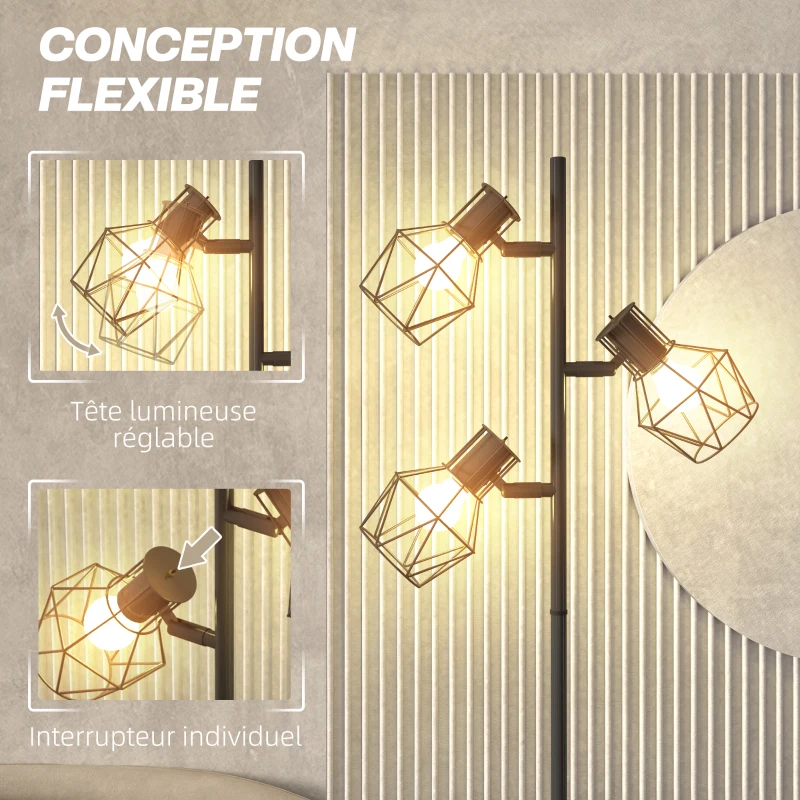 HOMCOM Lampadaire sur pied salon lampe sur pied 3 lumières adaptée aux ampoules E27 (non incluses) 41 x 28 x 169 cm noir