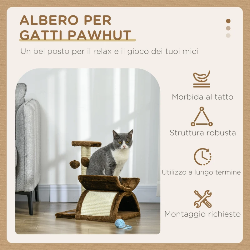 PawHut Tiragraffi Gatto Albero Tira Graffi Gioco Giocattolo per Gatti con Cuccia 2 Palline Appese in Sisal Naturale Altezza 43cm