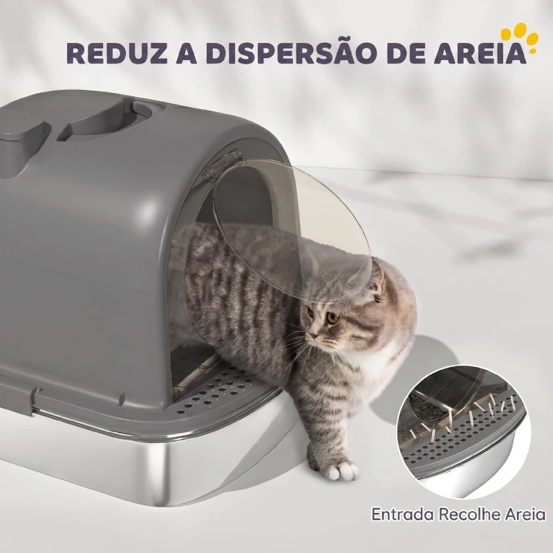 PawHut Caixa de Areia para Gatos em Aço Inoxidável com Tampa, Saco Desodorizante e Pá, Fácil de Limpar, 52,4x41,3x39,9 cm, Cinzento Escuro