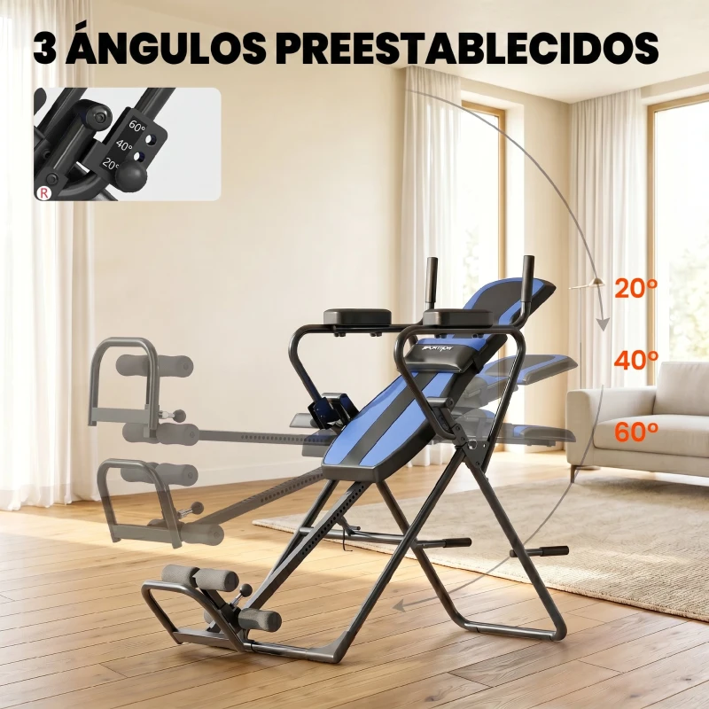 SPORTNOW Tabla de Inversión Plegable con Dominadas y Flexiones Altura Ajustable 155-198 cm Ángulos 20° 40° 60° Cinturón Azul
