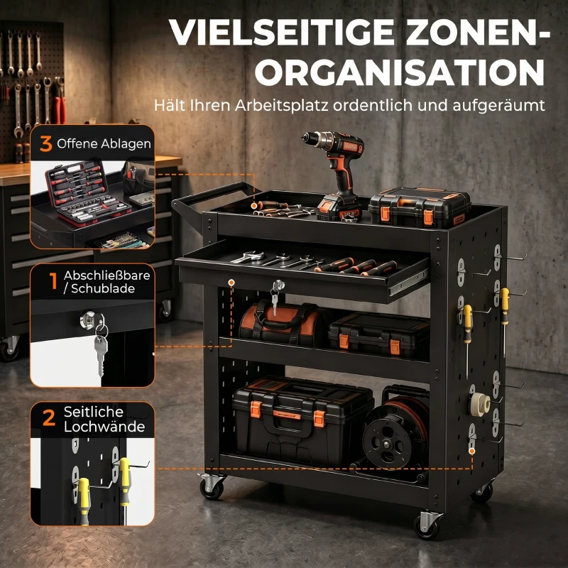 HOMCOM Gereedschapswagen met afsluitbare wielen, rollende werkplaatswagen met 3 niveaus, lade en perforatieplaten, Zwart