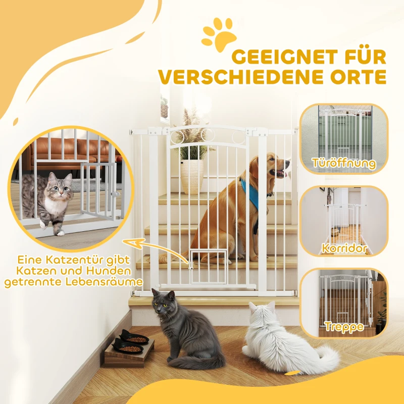 PawHut 106 cm Hoog Huisdierhek met Verstelbare Breedte en Geïntegreerde Kattendeur, voor Trappen en Deurkozijnen, Wit