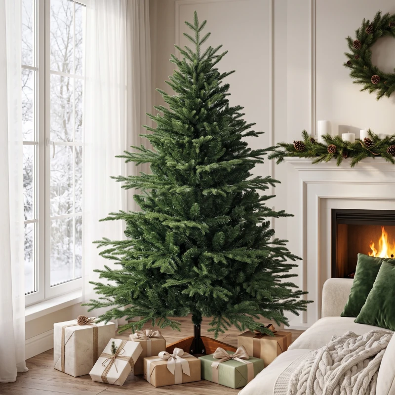 HOMCOM 150cm Artificial Christmas Tree Full Hinged Xmas Tree Solid Pine Wood Stand, Green