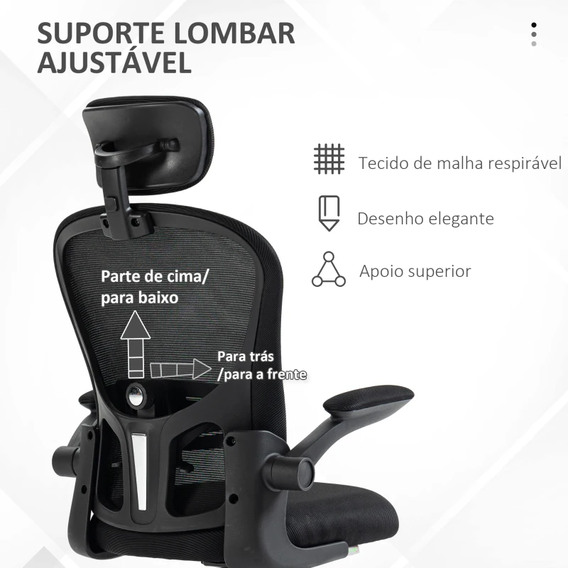 Vinsetto Cadeira de Escritório Basculante com Encosto Alto Apoio para a Cabeça Ajustável e Suporte Lombar 62x64x112-120 cm Preto