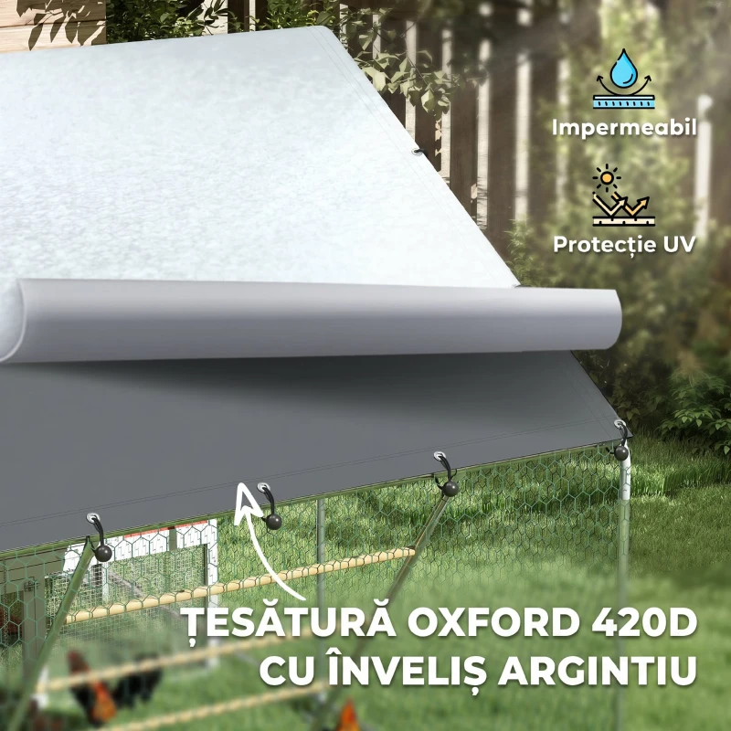 PawHut Închisoare pentru găini de 6m² pentru 6-8 animale cu acoperiș impermeabil, hrănitoare și stinghie, 3x2x1.9m, argintiu(m-7)