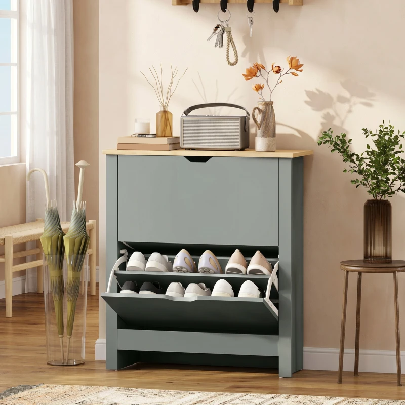 HOMCOM Schoenenkast met 2 klapvakken, verstelbare scheidingswand voor 8-12 paar schoenen, 72 x 26 x 80 cm, lichtgrijs