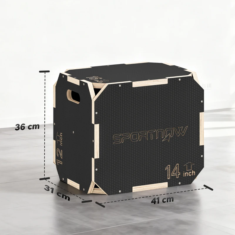 SPORTNOW Caixa Pliométrica de Madeira 3 em 1 com 3 Alturas Diferentes Pegas Sem Cantos Treino de Saltos 41x36x31 cm Preto
