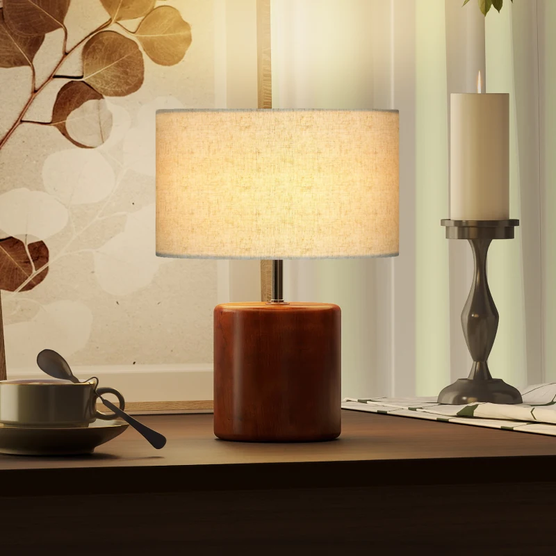 HOMCOM Candeeiro de Mesa Rústico com Base de Madeira Ecrã de Linho Interruptor Basculante E27 40W Ø20x27 cm Madeira e Bege