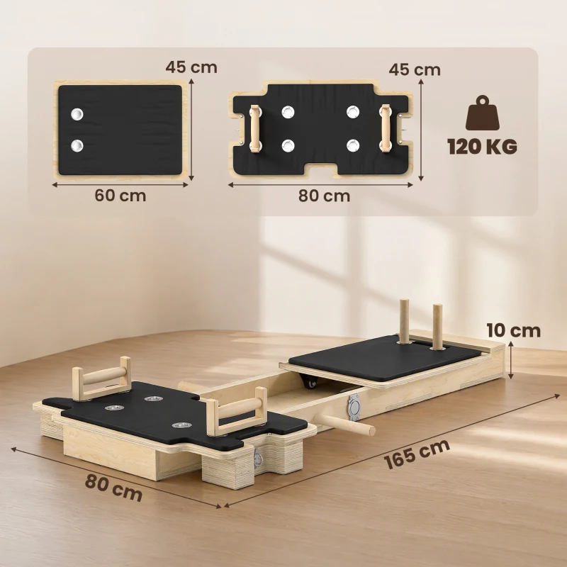 SPORTNOW Mini Reformer Pilates com Bandas de Resistência Pegas Roda Abdominal para Treino de Corpo Completo 165x80x10 cm Madeira