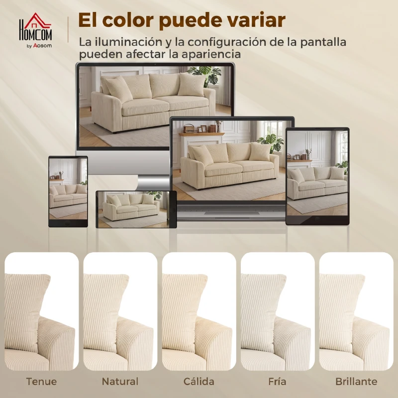 HOMCOM Sofá de 3 Plazas Tapizado en Pana con 2 Almohadas Reposabrazos y Cojín de Muelles para Salón 212x80x88 cm Crema