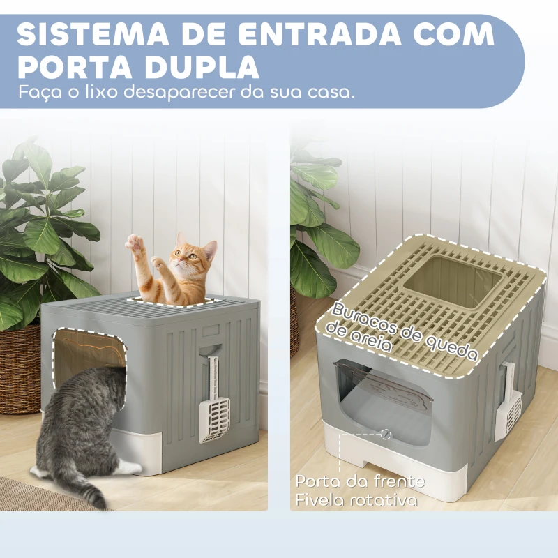 PawHut Caixa de Areia para Gatos Dobrável M Caixa de Areia com Tampa de Grelha Gaveta Removível Pá Gancho Lateral Fácil de Limpar Antifugas Cinzento