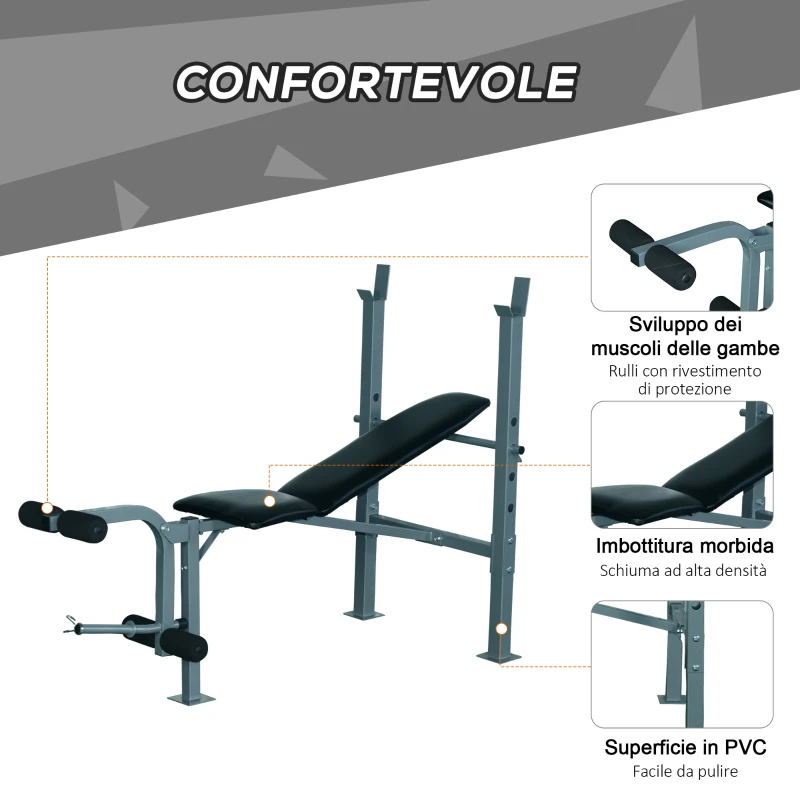 HOMCOM Panca Sollevamento Pesi e Addominali Multifunzionale con Portabilanciere Regolabile in Altezza 165 × 68 × 114cm