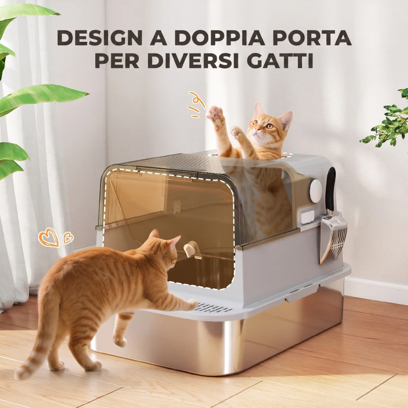 PawHut Lettiera per Gatti Chiusa XXL in Acciaio Inox, Coperchio Apribile a 90° e Doppie Porte, 70x50x46.5 cm, Grigio