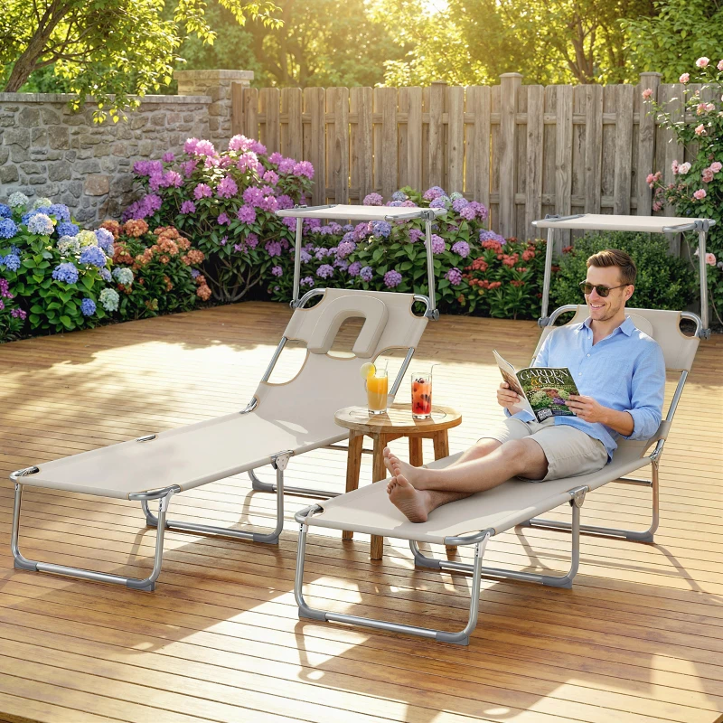 Outsunny Conjunto de 2 Espreguiçadeiras Dobráveis com Dossel 360° Encosto 5 Posições Orifício Facial e Textilene 550 g/m² 188x56x27 cm Bege