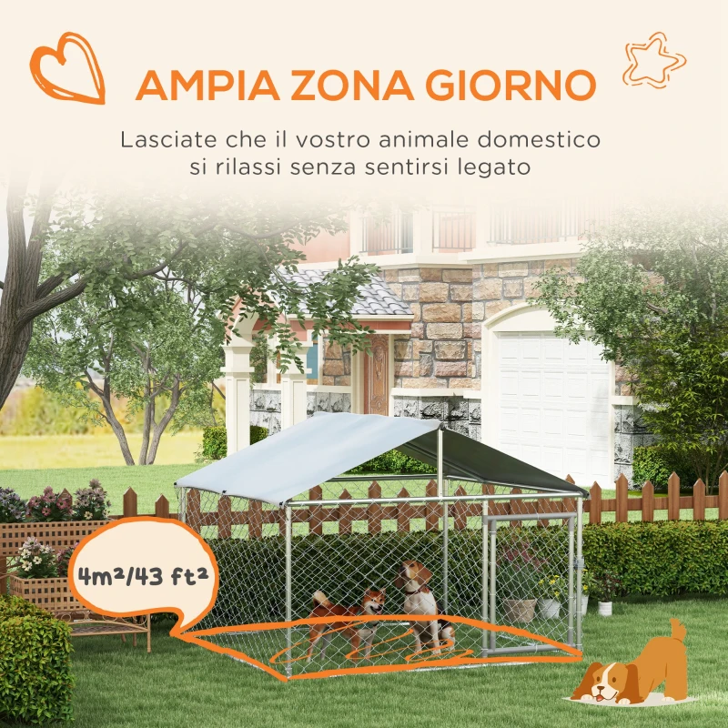 PawHut Recinto per Cani Taglia Media da Esterno con Tetto Impermeabile, 200x200x150cm, Argento