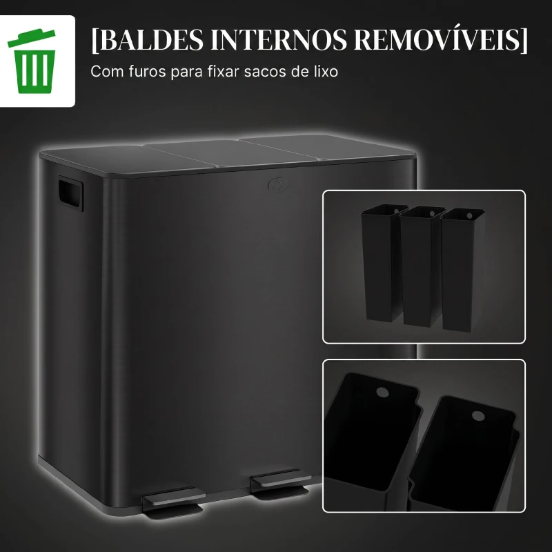 HOMCOM Papelera de Cozinha em Aço Inoxidável com 3 Compartimentos 3x15L com Pedais, Tampas de Fecho Suave e Balde Removível Preto