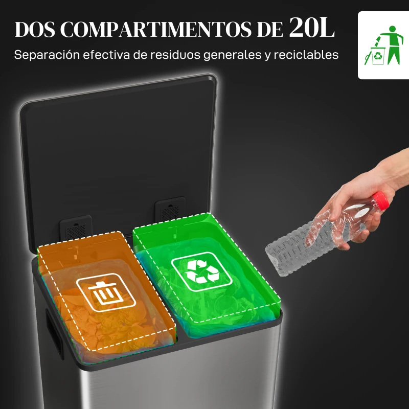 HOMCOM Cubo de Basura de Cocina con 2 Compartimentos 2x20L con Pedal Tapa de Cierre Suave y Cubo Extraíble Plata