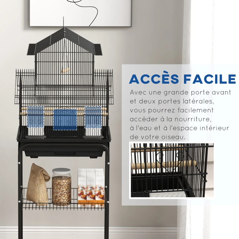PawHut Cage à oiseaux design maison mangeoires perchoirs 3 portes plateau excrément amovible + poignée transport noir