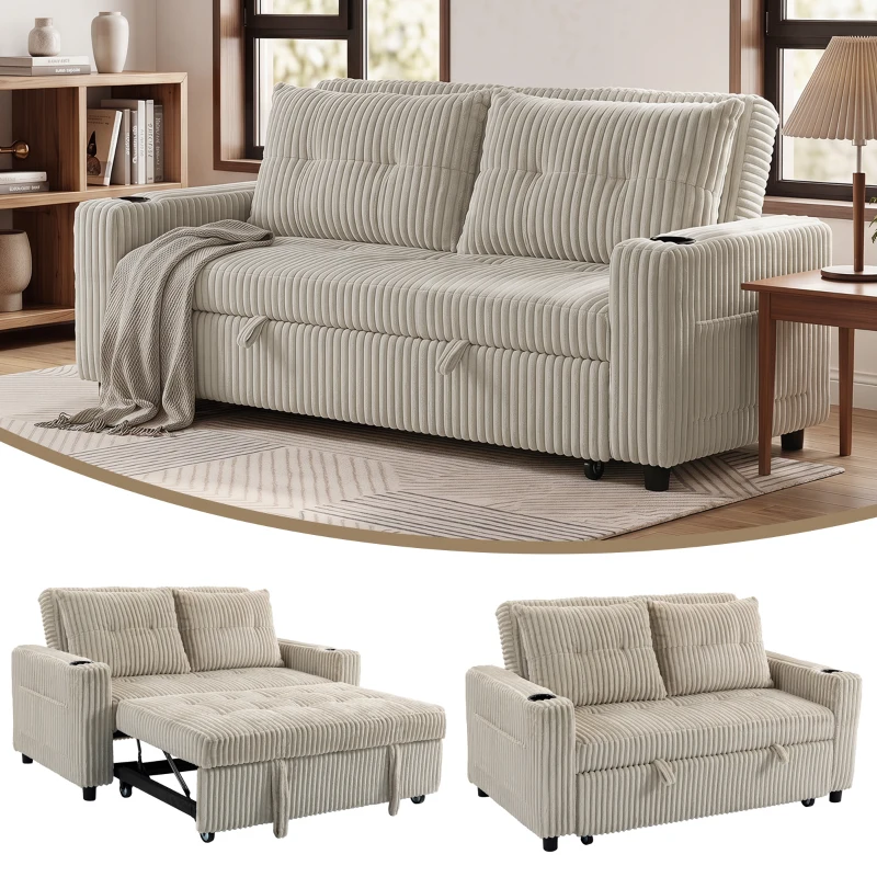 HOMCOM Corduroy Click Clack Sleeper Sofa with Pull Out Design, 2 Seater Sofa Bed, Cream White