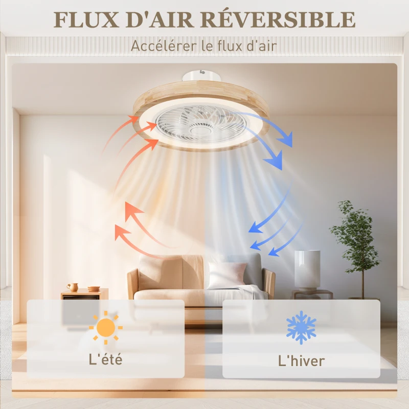 HOMCOM Ventilateur de plafond réversible avec lumière et télécommande 6 vitesses, minuterie, luminosité réglable, bois naturel