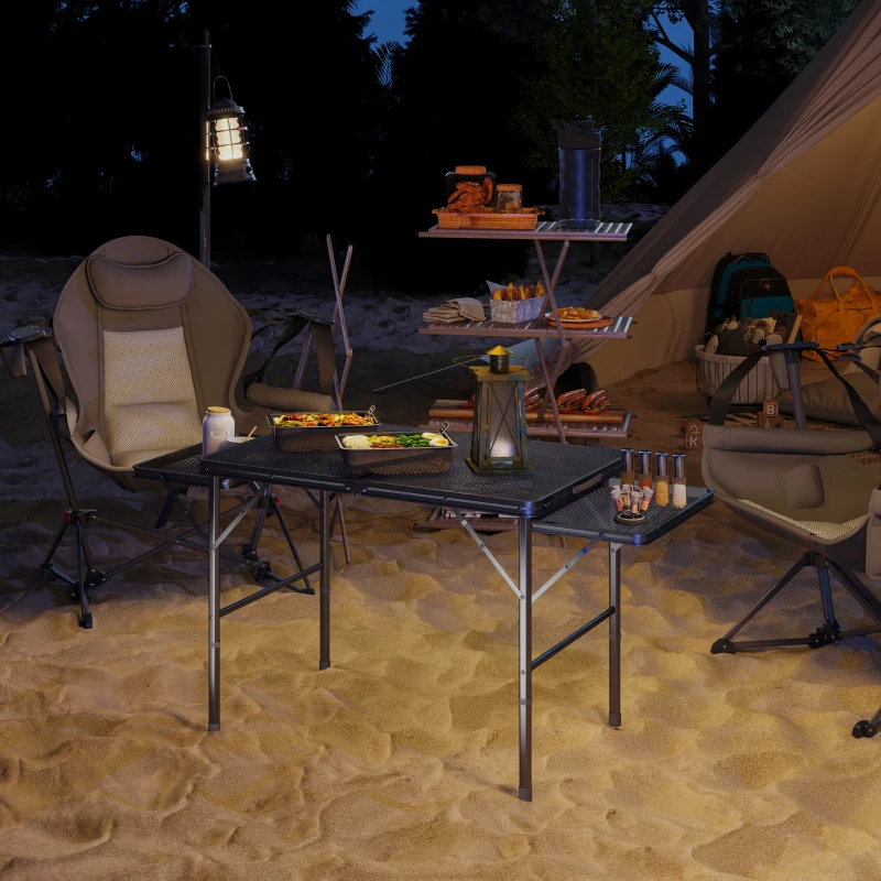 Outsunny Mesa Dobrável Campismo de Alumínio 137x62x67 cm com Laterais Abatíveis Altura Ajustável Bancada Metálica de Grade Preto