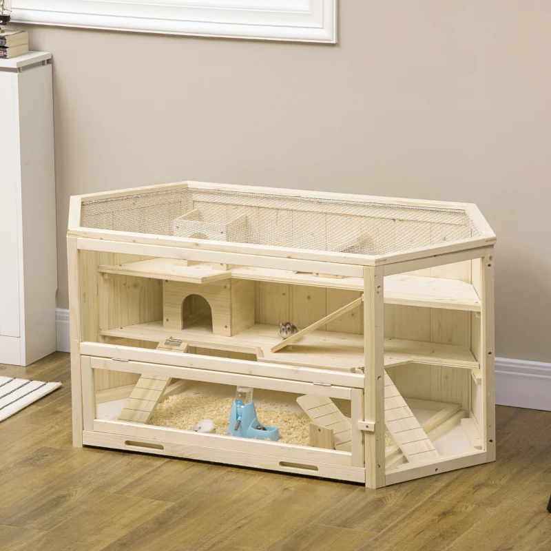 PawHut Cage à hamster à 3 niveaux bascules, fenêtres, cabanes, plateau coulissant, 115 x 60 x 55 cm, effet bois naturel