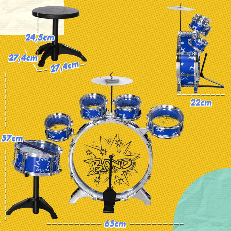 AIYAPLAY Bateria Infantil com Banco Bateria para Crianças acima de 3 Anos com Pedal e Baqueta Desenho de Estrelas 65x22x57 cm Azul