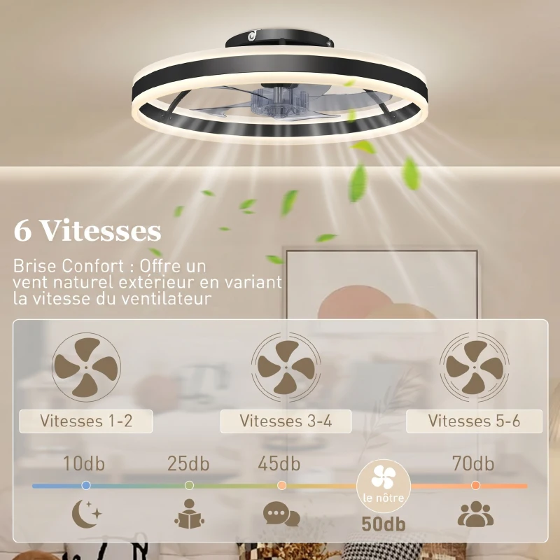 HOMCOM Ventilateur de plafond avec lumière et télécommande, plafonnier ventilateur 50 cm avec 6 vitesses, noir