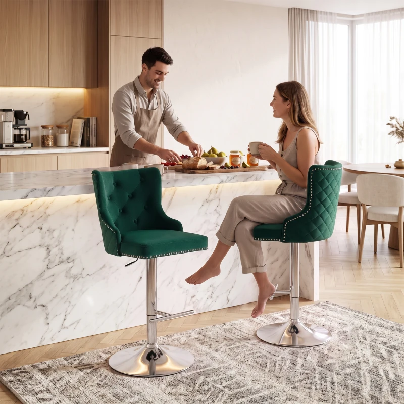 HOMCOM Bar Stools Set of 2, Modern Swivel & Adjustable Velvet Barstools with Button-Tufted Back, Footrest for Home Bar, Green