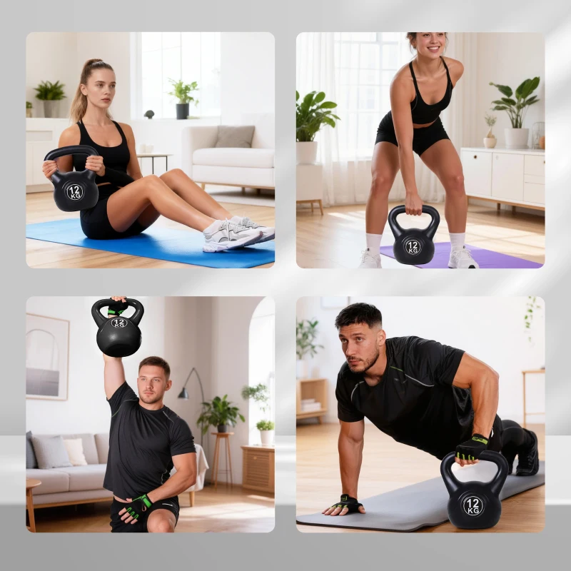 HOMCOM Kettlebell 12 kg, haltère avec poignée ergonomique, haltère à boule, musculation, entraînement, 27 x 21 x 31 cm noir