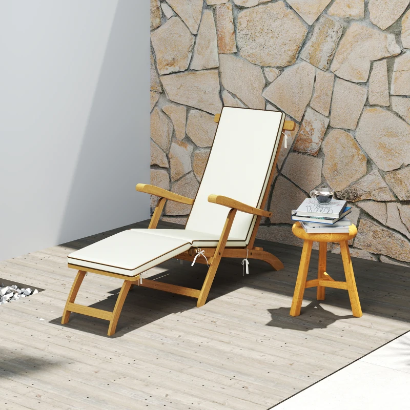 Outsunny Opvouwbare Houten Zonnebed Tuinligstoel met Voetensteun, Matras, tot 160 kg Belastbaar Teak
