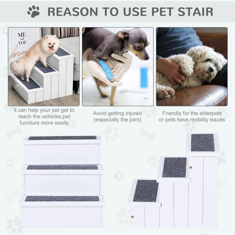 PawHut Dog Steps for Bed Sofa, 3 Step Wooden Dog Stairs for Sofa, Pet Stairs with Storage for Small Cats and Puppy, White