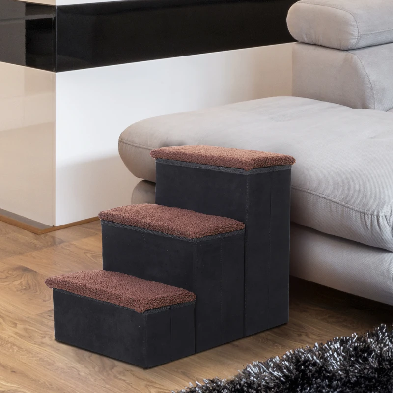 PawHut Escalier pour chien animaux pliable rampe 3 marches polaire amovible coffre interne rangement dim. 51L x 40l x 50H cm MDF polaire marron noir