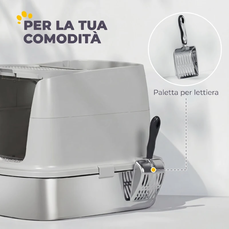 PawHut Lettiera Gatto Chiusa in Acciaio Inox con Coperchio Ribaltabile, Doppia Porta, Paletta, Grigio Chiaro