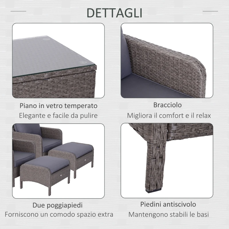 Outsunny Set Mobili da Giardino 2 Poltrone 2 Poggiapiedi 1 Tavolino in Vetro Temperato Rattan Grigio