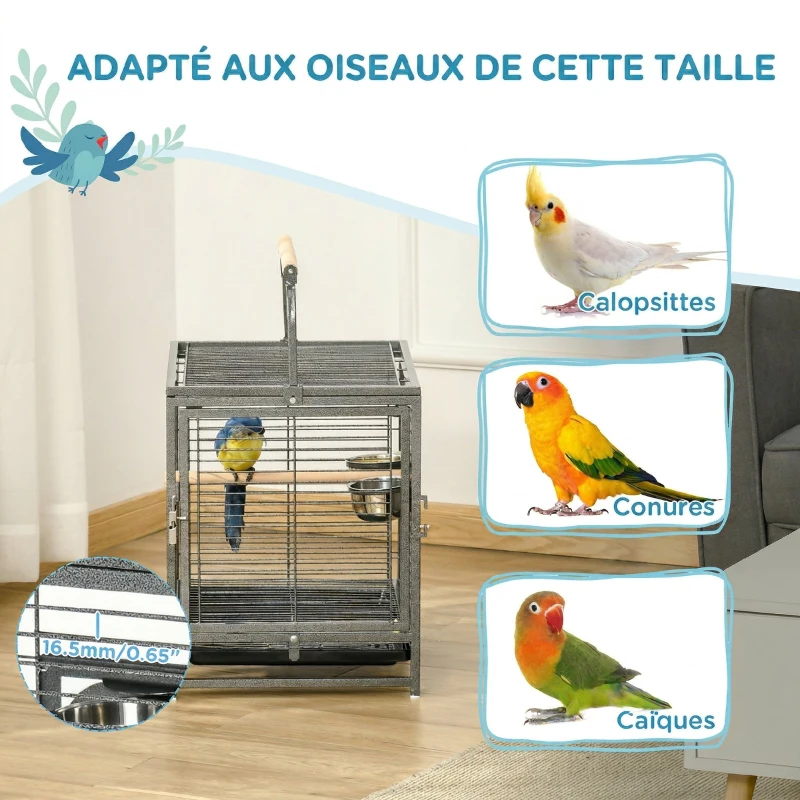 PawHut Cage de transport en acier pour perroquets, cage à oiseaux avec 2 bols en acier inoxydable, 2 perchoirs, plateau, noir