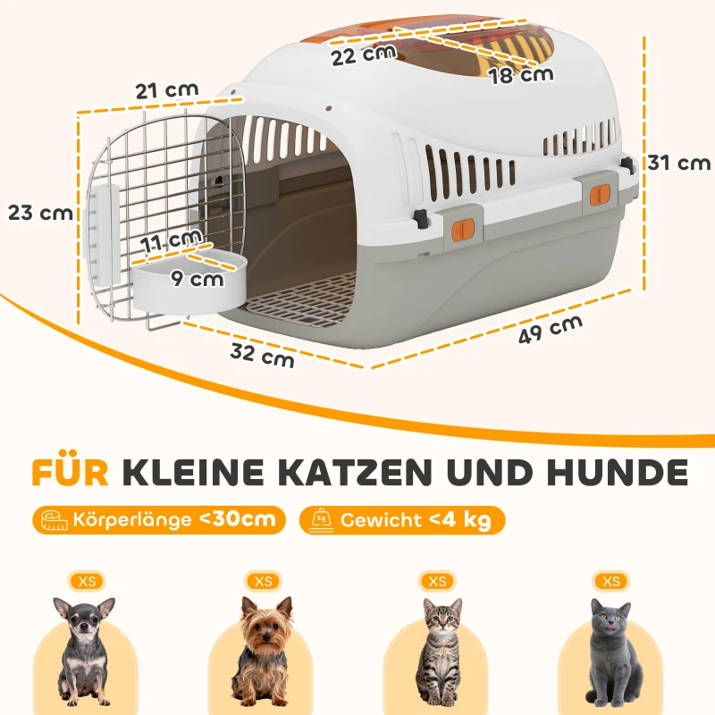 PawHut Transportbox voor kat en miniatuurhonden tot 4 kg, hondenbox met dakopening en voerbak, 49x32x31 cm, lichtgrijs