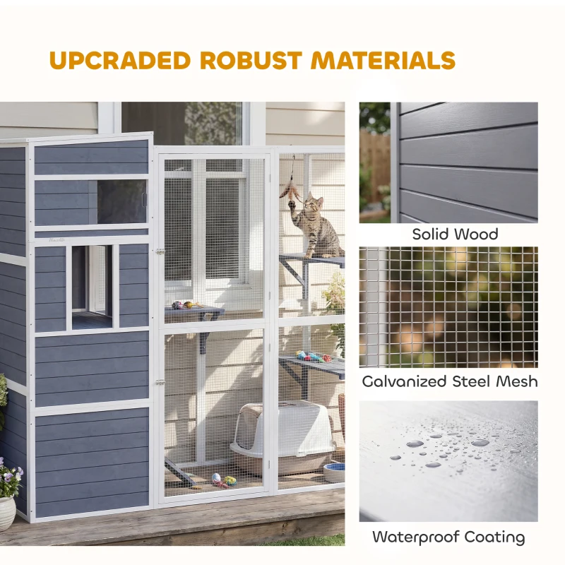 PawHut 4-Tier Wooden Catio Cat Outdoor Enclosure with Sun Roof, Resting Rooms, 3 Platforms, Window Outdoor Indoor, Grey