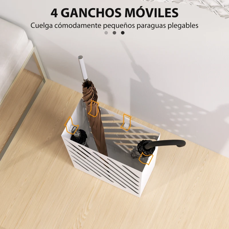 HOMCOM Paragüero de Acero Galvanizado Soporte de Paraguas Estrecho con Bandeja de Goteo Extraíble 4 Ganchos 28x14x41 cm Blanco