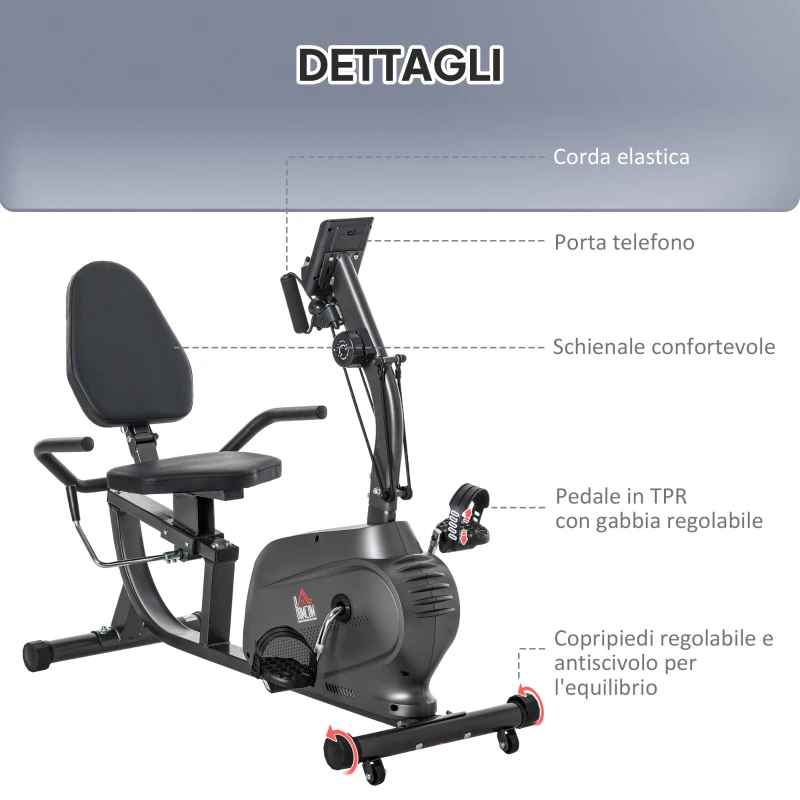 HOMCOM Cyclette Orizzontale Magnetica 8 Resistenze, Display LCD, Sedile Regolabile ed Elastici per Braccia