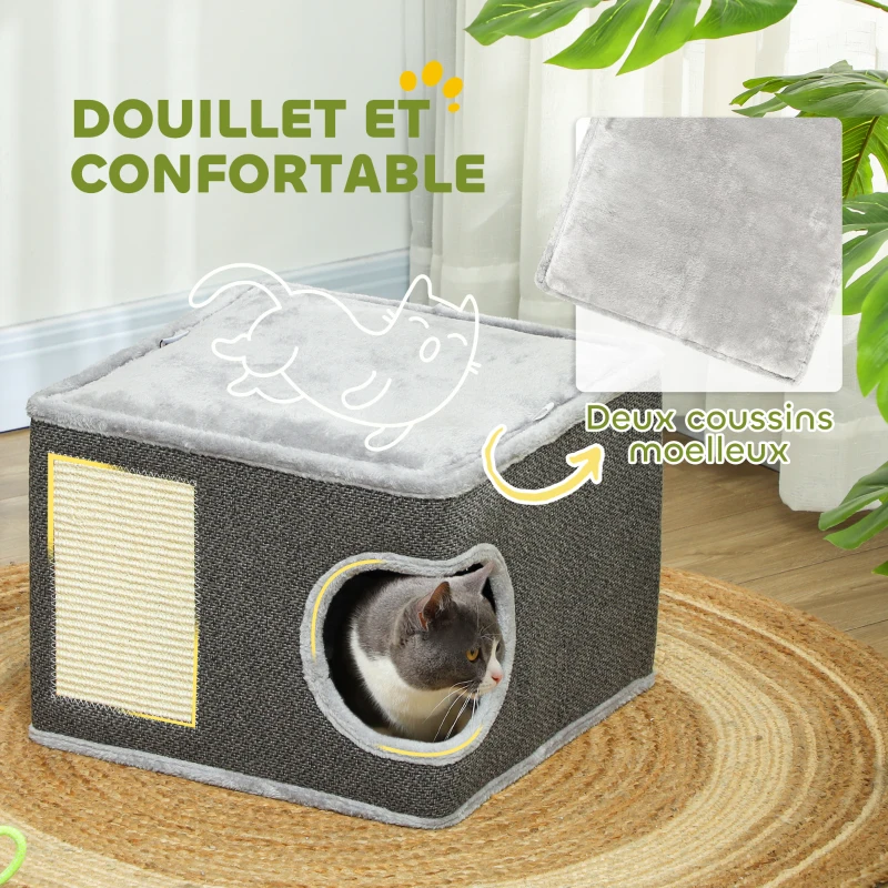 PawHut Tonneau griffoir chat arbre à chat avec plate-forme supérieur, en peluche et sisal 45 x 45 x 35 cm gris anthracite
