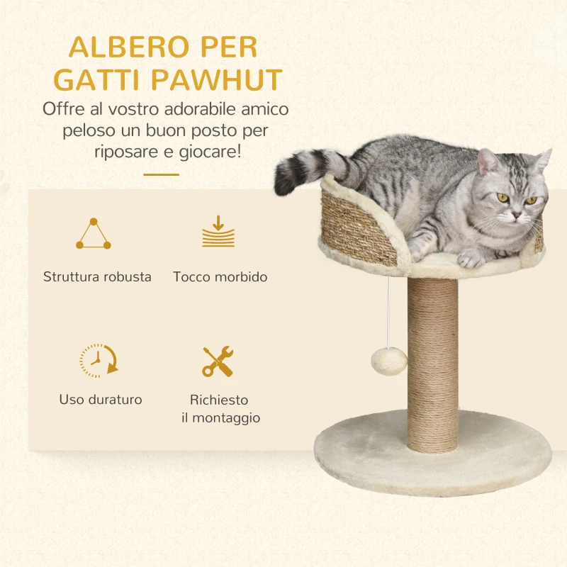 PawHut Albero Tiragraffi per Gatti con Lettino, Palo in Juta e Pallina Appesa, 40x40x49cm, Beige