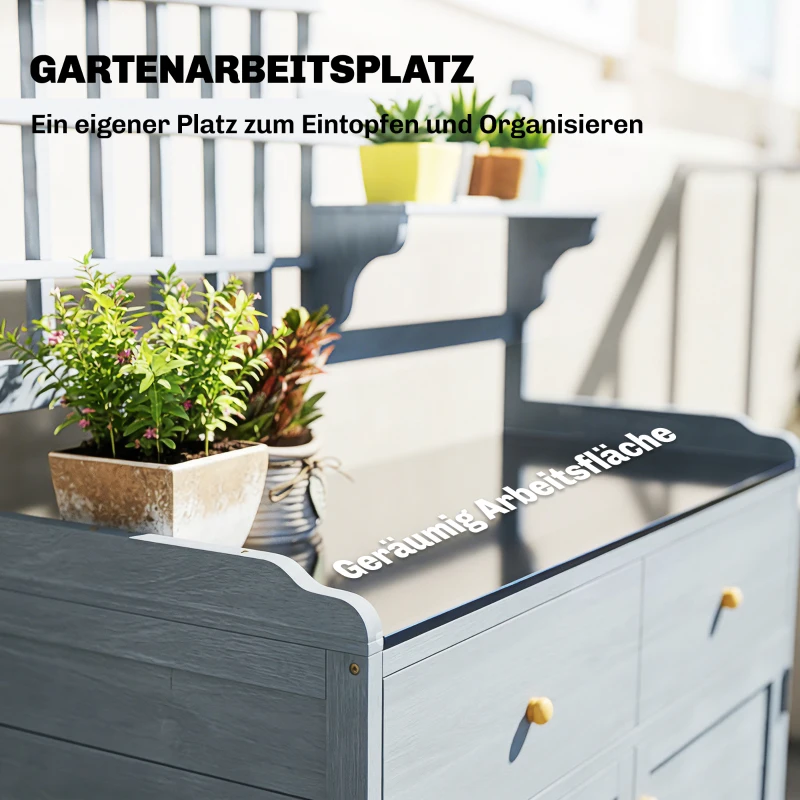 Outsunny Plantentafel met Kast Outdoor - Houten Tuinkast met Gegalvaniseerd Werkblad, 2 Lades, 104x44x140 cm, Lichtgrijs