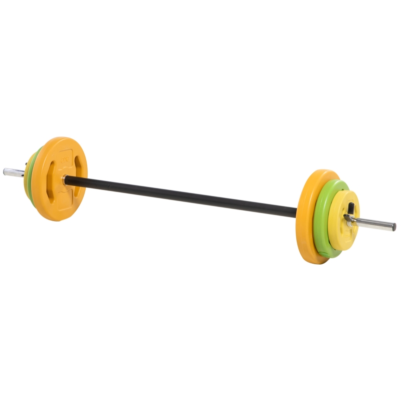 HOMCOM Ensemble haltères et barre 20 kg avec 6 haltères disques de 1,5 kg, 2,5 kg et 5 kg gym musculation orange vert et jaune