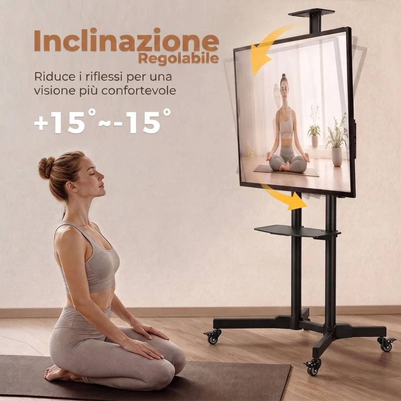 HOMCOM Supporto TV da Pavimento da 32-75 Pollici con Ruote a Freno, Altezza Regolabile, Inclinazione 15°, Nero