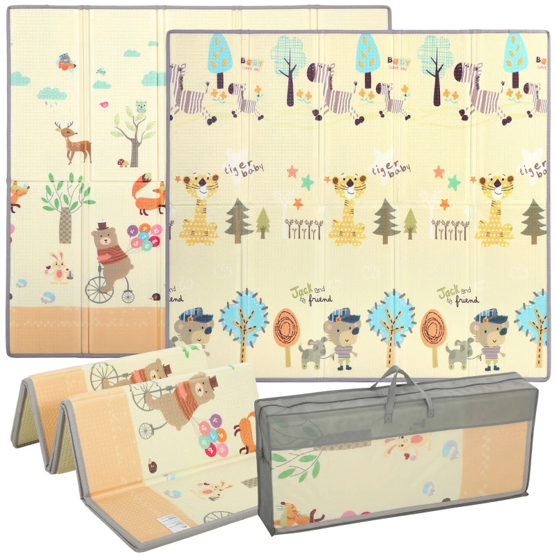 AIYAPLAY Krabbelmatte Faltbar Beidseitig Spielmatte Baby mit Waldtieren- & Naturmotiv 200 x 180 cm für Kinder 0-3 Jahre